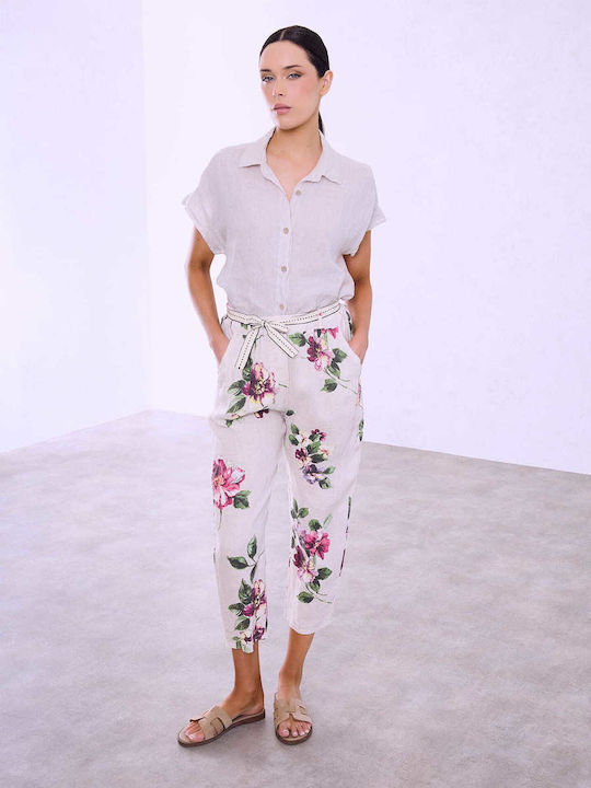 Celestino Pantaloni Dama Din In Floral Cu Curea Bej