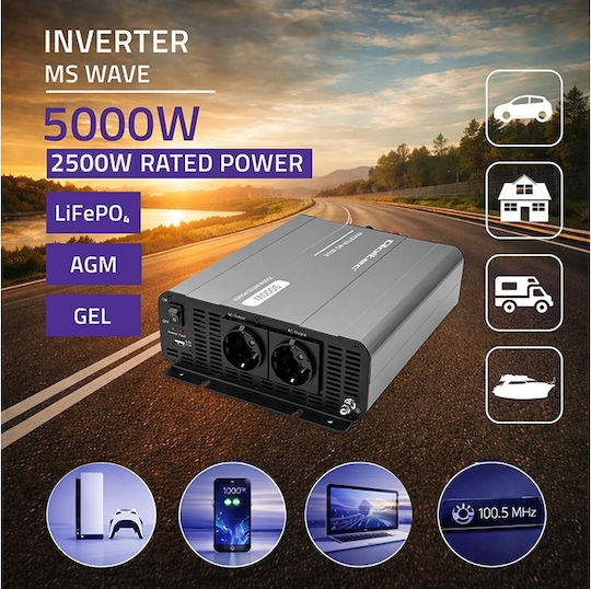 Qoltec Μετατροπέας Τάσης Ms Wave 12v 230v 2500/5000w Usb Συμβατός Lifepo4 Gel Agm