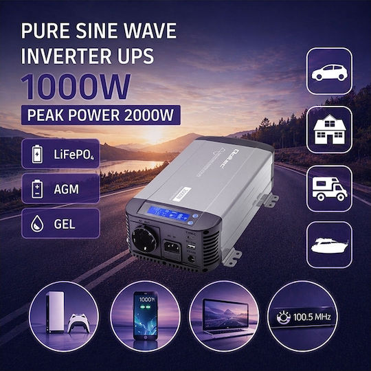 Qoltec Μετατροπέας Τάσης Pure Sine Wave 12v 230v 1000/2000w Ups Bypass Lcd Usb Usb-c Συμβατός Lifepo4 Gel Agm