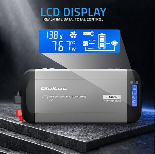 Qoltec Μετατροπέας Τάσης Pure Sine Wave 12v 230v 1000/2000w Ups Bypass Lcd Usb Usb-c Συμβατός Lifepo4 Gel Agm