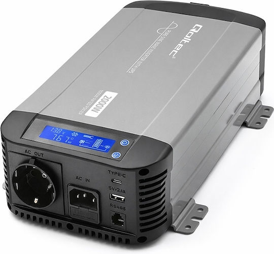 Qoltec Μετατροπέας Τάσης Pure Sine Wave 12v 230v 1000/2000w Ups Bypass Lcd Usb Usb-c Συμβατός Lifepo4 Gel Agm