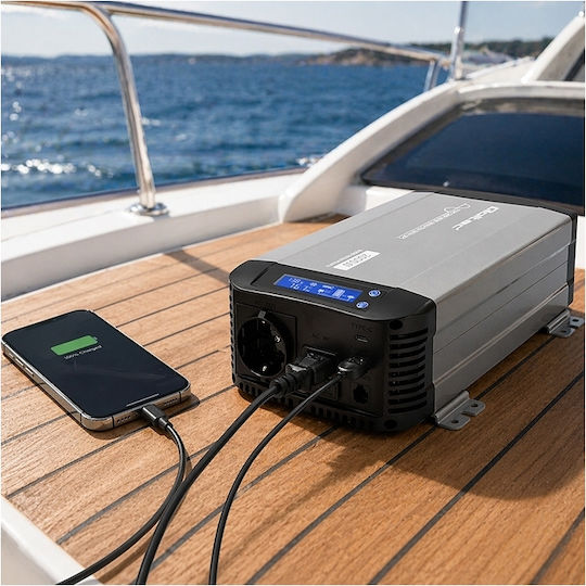 Qoltec Μετατροπέας Τάσης Pure Sine Wave 12v 230v 1000/2000w Ups Bypass Lcd Usb Usb-c Συμβατός Lifepo4 Gel Agm