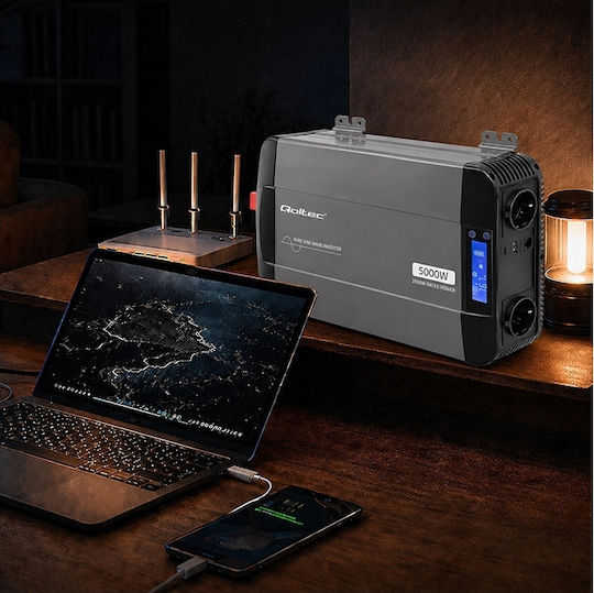 Qoltec Inverter Αυτοκινήτου Καθαρού Ημιτόνου 1500W για Μετατροπή 12V DC σε 230V AC