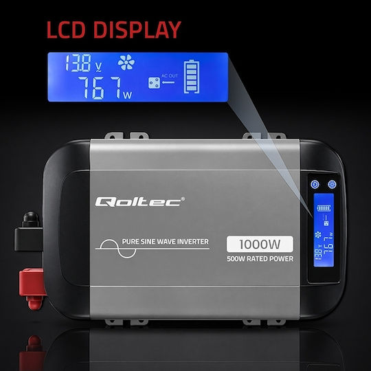 Qoltec Μετατροπέας Τάσης Pure Sine Wave 12v 230v 500/1000w Lcd Usb Usb‑c Συμβατός Lifepo4 Gel Agm