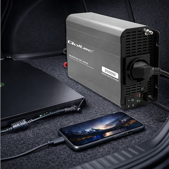 Qoltec Μετατροπέας Τάσης Ms Wave 12v 230v 1000w/2000w Usb Συμβατός Lifepo4 Gel Agm