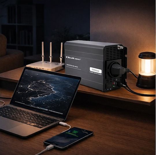 Qoltec Μετατροπέας Τάσης Ms Wave 12v 230v 1000w/2000w Usb Συμβατός Lifepo4 Gel Agm