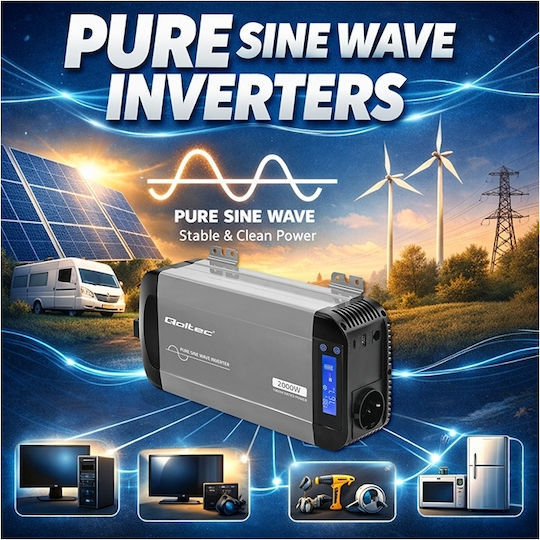Qoltec Auto-Stromwandler Reine Sinuswelle 12v 230v 1000/2000w Lcd Usb Usb-c kompatibel Lifepo4 Gel Agm