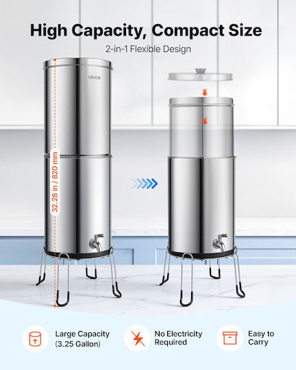Vevor Gravity Feed Water Filter System 12.3l 304 Stainless Steel Countertop Water Filtration System Reduces Lead Up To 99% Chlorine 2 Carbon Filters 2 Defluorination Filters Spout Base