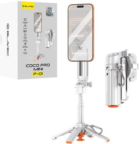 Blavec Selfie Stick Aluminium Coco Pro Mini P-01 Magsafe Auto Pop Quadripod + Remote Control + Holder 0,48 Metra Sscpmp01-mqhw048 White