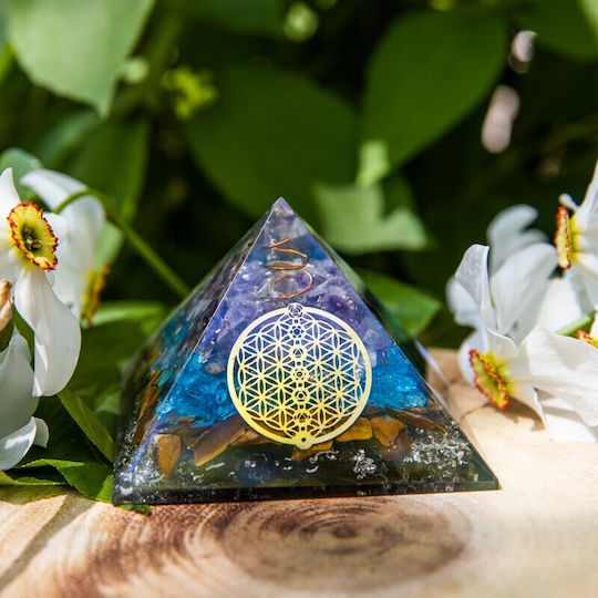Oseye Orgone Pyramid Made Semi-precious Stones Tiger's Eye Aquamarine Crystals Amethyst Flower Life Symbol