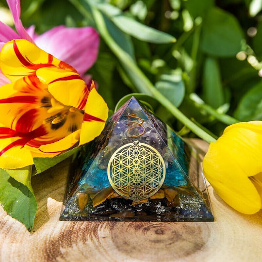 Oseye Orgone Pyramid Made Semi-precious Stones Tiger's Eye Aquamarine Crystals Amethyst Flower Life Symbol