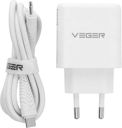 Veger Зарядно устройство с USB-A и USB-C порт и USB-C - USB-C кабел 65W Power Delivery / Quick Charge 3.0 Бял (TR67)