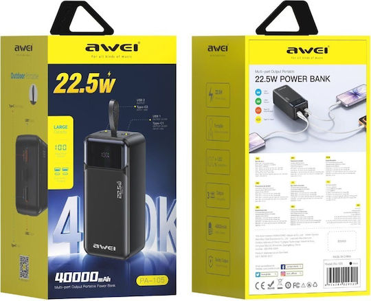Awei PA-105 Baterie Externă 40000mAh 22.5W Cu 3 Porturi USB-C Power Delivery Negru