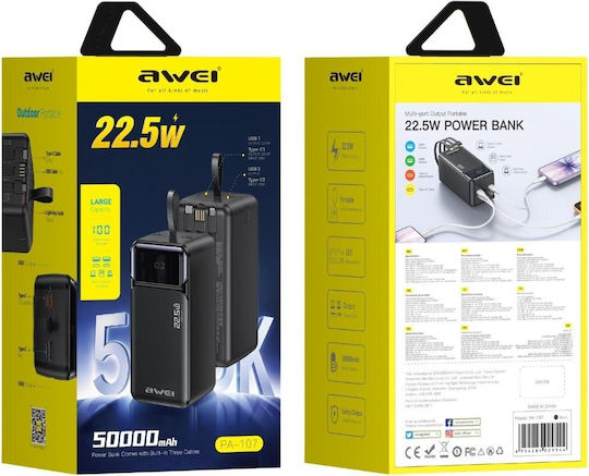 Awei PA-107 Power Bank 50000mAh 22.5W with 2 USB-A Output Ports and USB-C Power Delivery Port Black