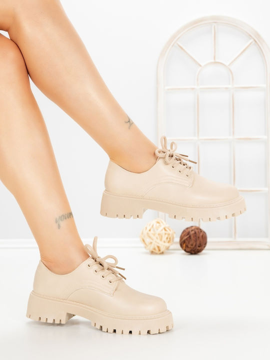 Δερμάτινα Γυναικεία Oxfords σε Μπεζ Χρώμα