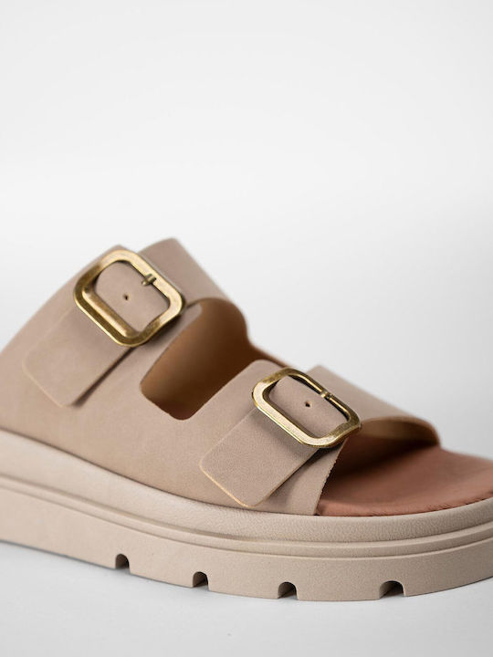 Leather Women's Flat Sandals Flatforms Brown
