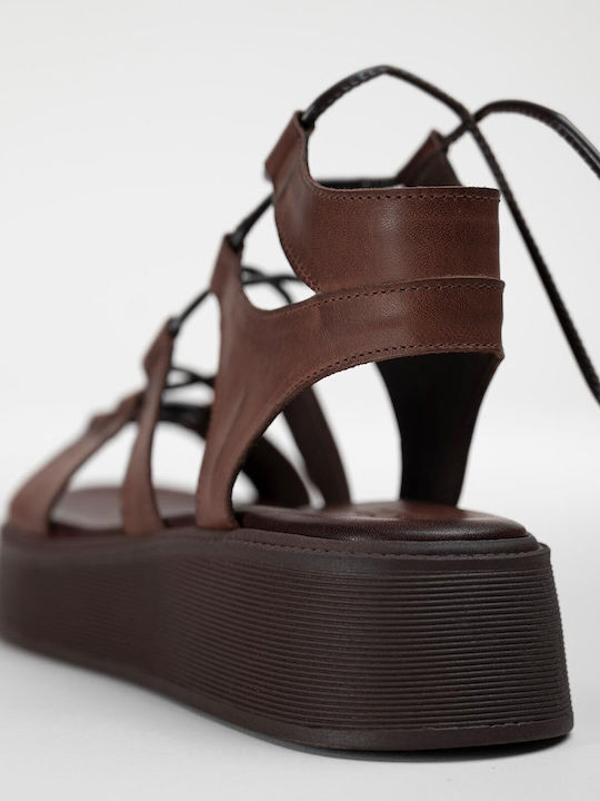Leather Women's Gladiator Flatforms Brown Sandals