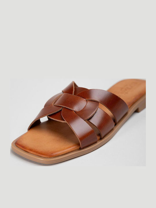Leather Women's Flat Sandals Tabac Brown