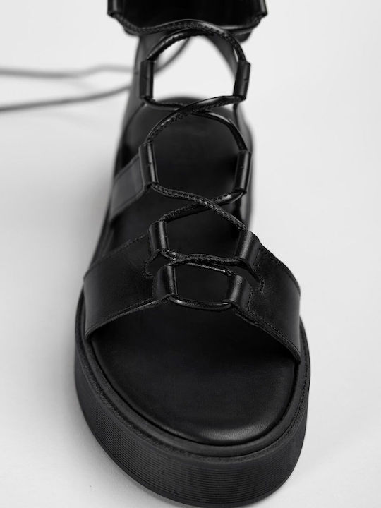 Leather Women's Flat Sandals Gladiator Flatforms Black