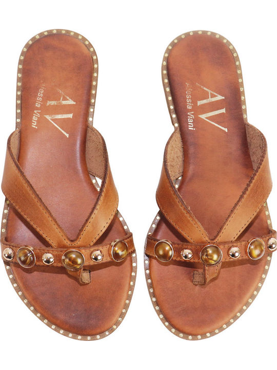 Leder Flache Sandalen für Damen Tabac Braun