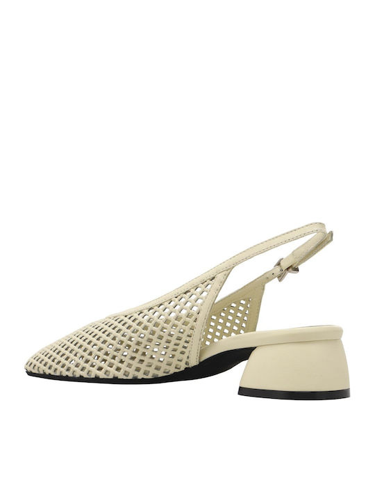 Leather Heels with Chunky Low Heel Beige