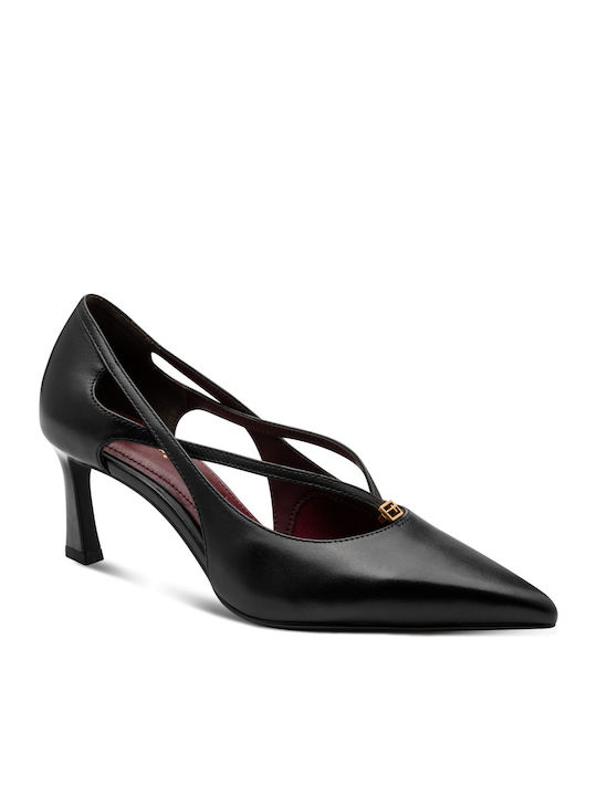 Leder Spitze Zehe Pumps mit Riemen & Dünnem Mittelhohem Absatz Schwarz