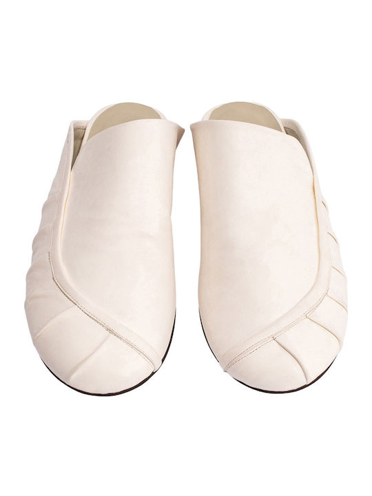 Pantofi Mules De Piele Flat În Culoare Ecru