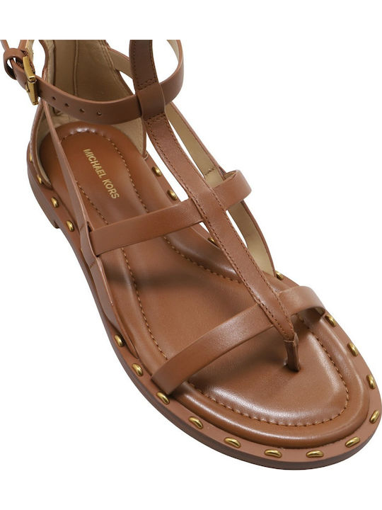Leather Women's Flat Sandals Tabac Brown