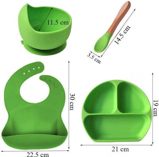 Set De Hrană Din Silicon Cu Bază Antiderapantă Verde 4 Piese