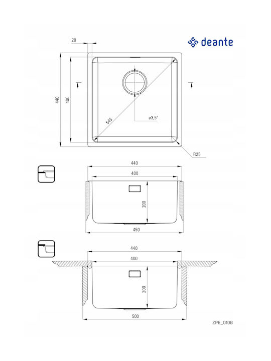 Deante Sink Υποκαθήμενος Νεροχύτης Inox Brushed Μ44xΠ44cm Γκρι