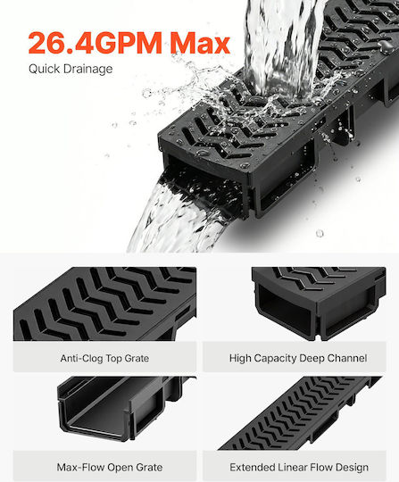 Vevor Channel with 62mm Outlet and Size 100.5x10.3cm Black 6 Pieces