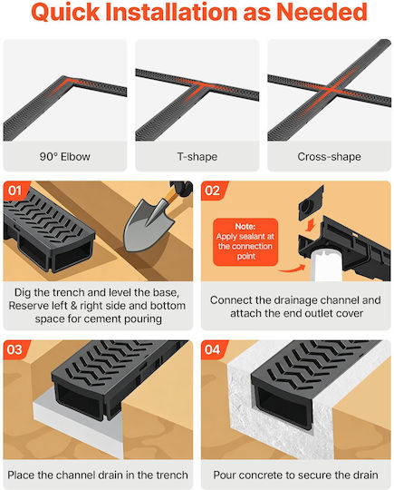 Vevor Channel with 62mm Outlet and Size 100.5x10.3cm Black 6 Pieces