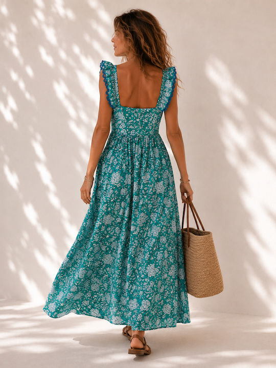 Sommer Maxi Hemdkleid mit Rüschen Türkis