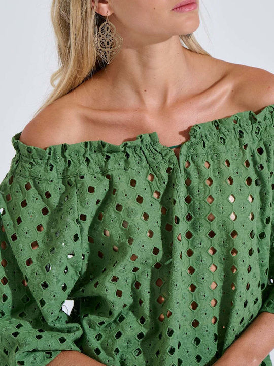 Bluză Damă Din Bumbac Off-Shoulder Cu Mânecă 3/4 Verde