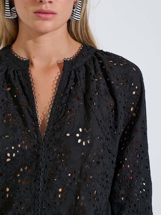 Damen Baumwollbluse mit 3/4 Ärmel Schwarz