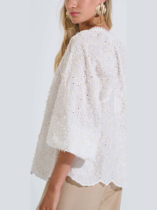 Damen Bluse Baumwolle mit 3/4 Ärmel & V-Ausschnitt Weiß