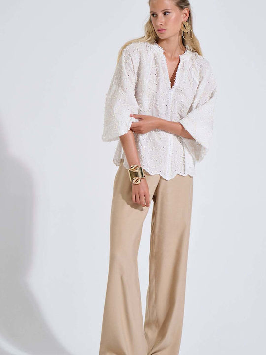 Damen Bluse Baumwolle mit 3/4 Ärmel & V-Ausschnitt Weiß