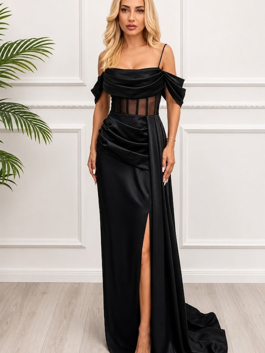 Sommer Abendkleid Strapless Satin Wickel mit Masche Schwarz