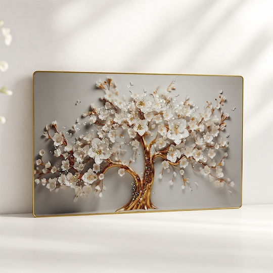 Modern Dekorative Ölgemälde 3D Blühender Baum Weiße Blumen Kristalle Goldener Rahmen 60x40 cm