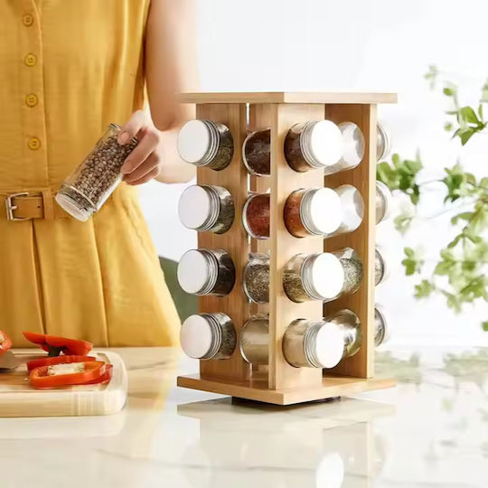 Elenzo Spice Jars from Bamboo on Rotating Base 16 Pieces