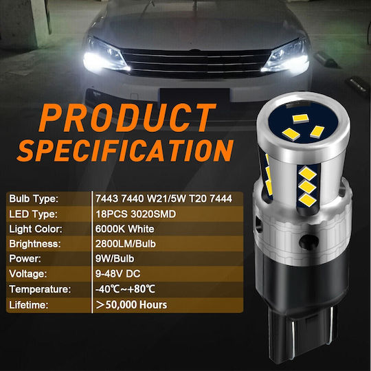 VenCore Λάμπα Αυτοκινήτου T20 Canbus LED 6000K Ψυχρό Λευκό 8-48V 9W