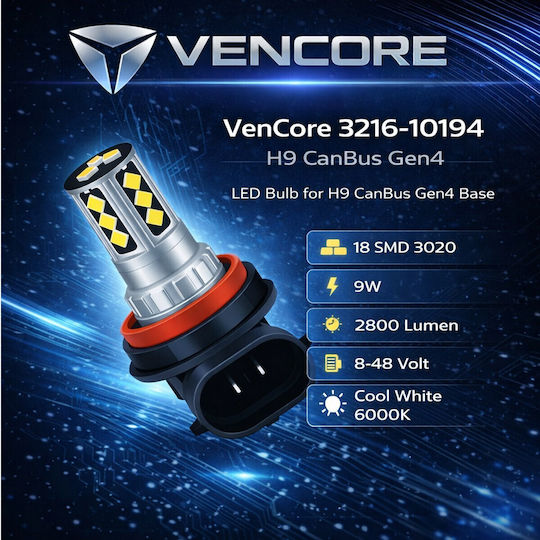 Vencore 3216-10194 H9 Canbus Gen4 LED Lamp Base H9 Canbus Gen4 18 SMD 3020 9W 2800 Lumen 8-48 Volt Cold White 6000K 3216-10194
