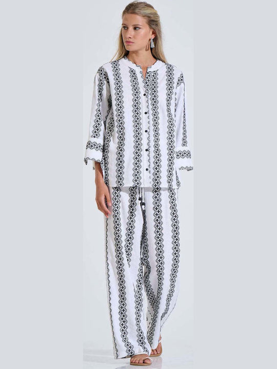 Damen Leinen Pantaloona mit Gummiband in Lose Passform Weiß