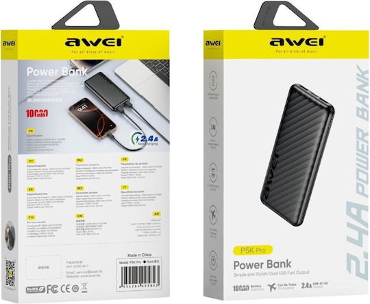 Awei P5K Pro Power Bank 10000mAh with 2 USB-A Ports Black