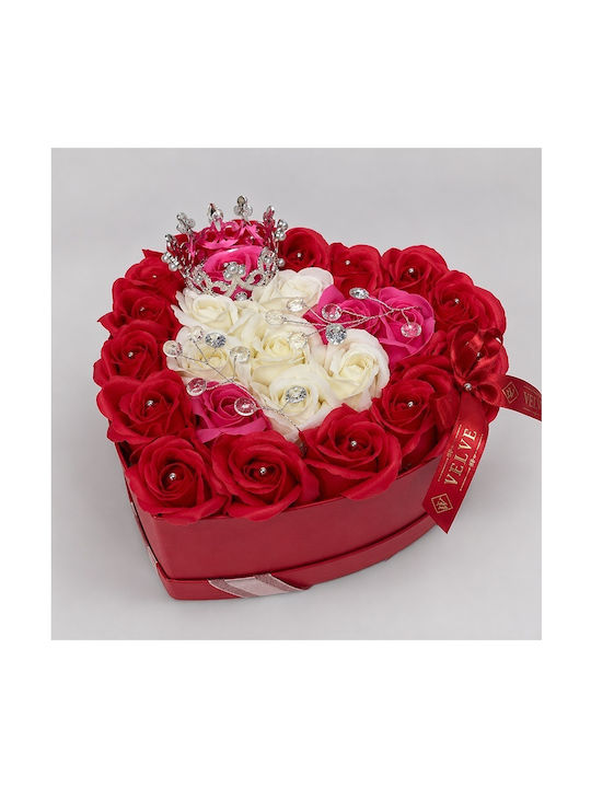Aranjament Floral Regal 25 Trandafiri De Săpun Argintiu Coroană Regală Accesorii De Lux În Cutie În Formă De Inimă Roșu-Roz-Alb