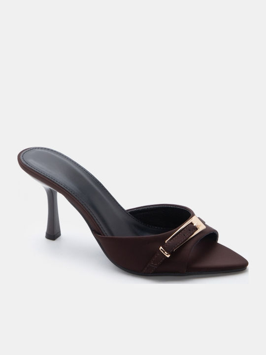 Satin Mules With High Heel In Brown Colour