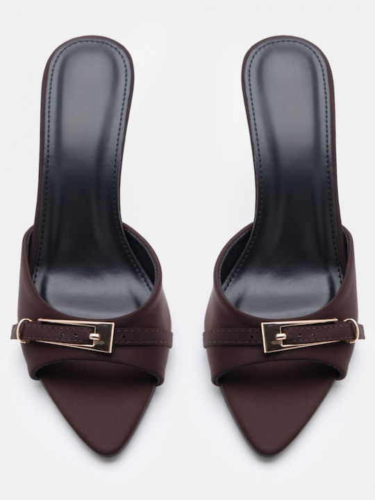 Satin Mules With High Heel In Brown Colour