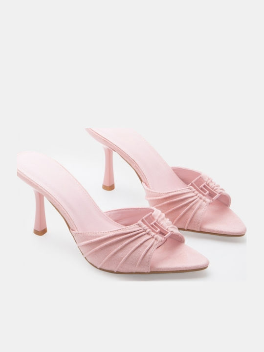 Pantofi Mules Dama De Catifea Cu Toc Înalt Roz