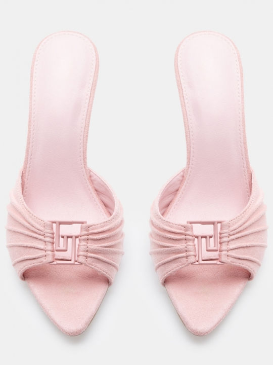 Pantofi Mules Dama De Catifea Cu Toc Înalt Roz