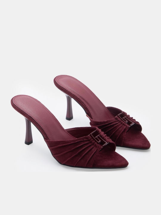 Suede Damen Pantoletten mit Hoch Absatz in Burgundischer Farbe